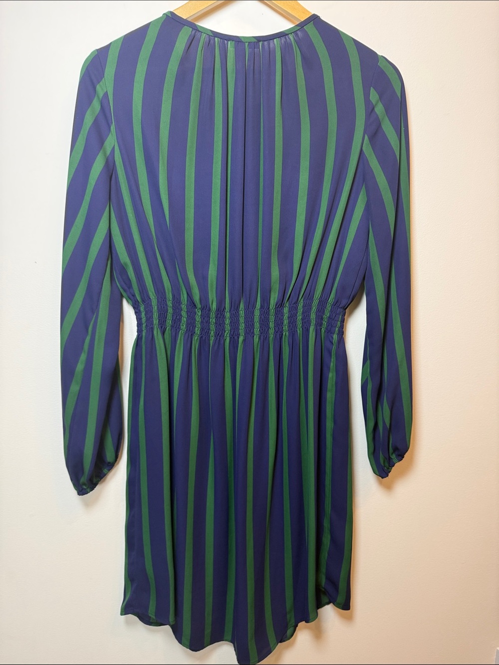 Ann Taylor Vertical Navy & Green Striped Blouson Sleeve Dress - Picture 4 of 12